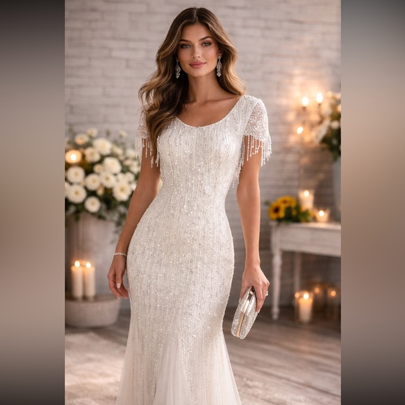 Adrianna eCap sleeve beaded fringe long dress - Picture 6 of 6